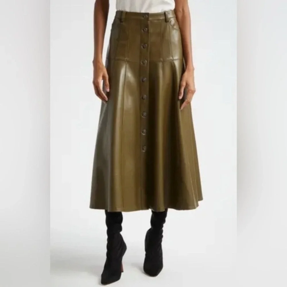 Cinq À Sept Veena Skirt a-line Midi Button Olive  Green Vegan Leather  6 Worn 1x